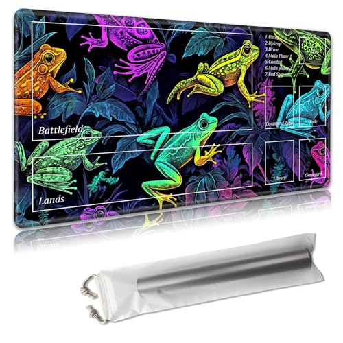 MTG Spielmatte mit Zonen, TCG-Kartenspielmatte für Magic The Gathering, 61 x 35 cm, genähte Kanten, rutschfeste Gummiunterseite, tragbare Spielmatte mit kostenloser Aufbewahrungstasche, bunter Frosch MTG Spielmatte mit Zonen, TCG-Kartenspielmatte für Magic The Gathering, 61 x 35 cm, genähte Kanten, rutschfeste Gummiunterseite, tragbare Spielmatte mit kostenloser Aufbewahrungstasche, bunter Frosch von Decahouy