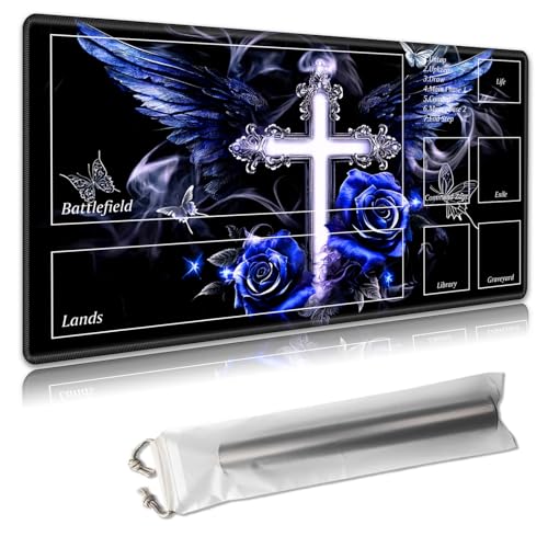 MTG Spielmatte mit Zonen – TCG-Kartenspielmatte für Magic The Gathering – 61 x 35,6 cm – genähte Kanten, rutschfeste Gummiunterseite – tragbare Spielmatte mit kostenloser Aufbewahrungstasche, blaue von Decahouy