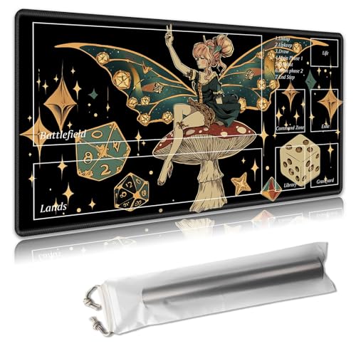 MTG Spielmatte mit Zonen – TCG-Kartenspielmatte für Magic The Gathering – 61 x 35,6 cm – genähte Kanten, rutschfeste Gummiunterseite – tragbare Spielmatte mit kostenloser Aufbewahrungstasche, eine Fee von Decahouy