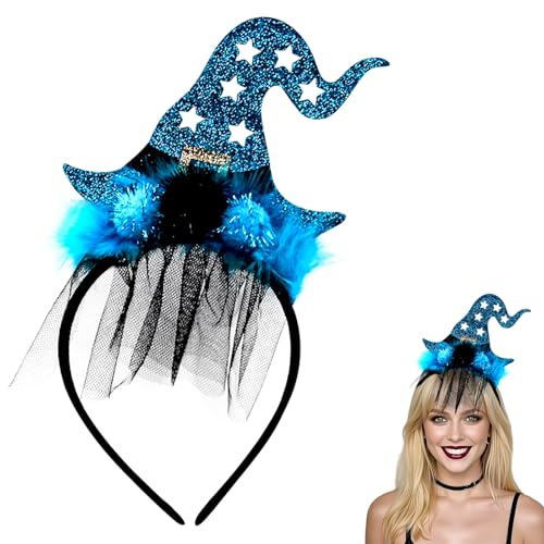 Decmied Halloween-Hexenhut, Stirnband, Hexenhut mit Pompon-Haarreifen für Halloween-Kostüm, Verkleidungen, Partyzubehör (blau) von Decmied