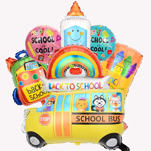 Luftballons für Schulanfang, Schulbus-Ballon, bunte Schultaschen-Bleistift-Folienballons für Klassenzimmer, Dekoration, erster Tag des Kindergartens, 7 Stück (03) von Decmied