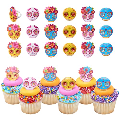 DecoPac Calavera Masken-Cupcake-Aufsätze, 24 Día de los Muertos Totenkopf-Maske, Cupcake-Ringe für Feiern und Partys, 24 Stück von DecoPac