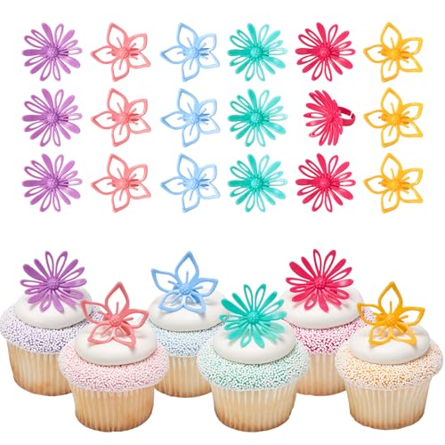 DecoPac Cupcake-Topper mit Blumenmotiv, 24 Cupcake-Ringe, rosa, gelb, rot, lila, grüne Blumenringe, lebensmittelechte Sommerkuchendekorationen - 24 Stück von DecoPac
