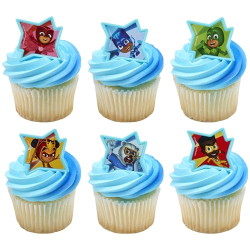 DecoPac PJ Masks Calling All Heroes! Ringe, Cupcake-Dekorationen mit Catboy, Eulette, Gekko und Freunden! Lebensmittelechte Kuchenaufsätze, 24 Stück von DecoPac