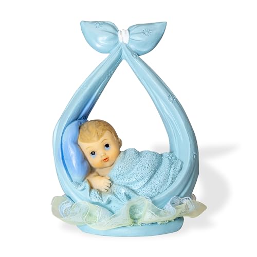 Decoraparty Figur Bonboniere für Kuchen für Kinder, Hellblau – Dekoration Cake Topper aus Harz und Organza Detail für Taufe, 1. Geburtstag, Gastgeschenk, Babyparty, Höhe 11 cm von Decoraparty