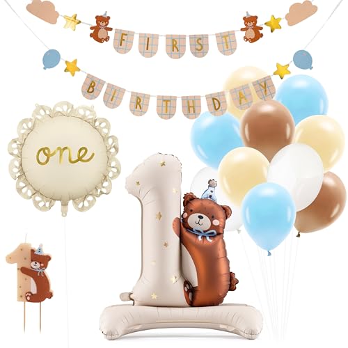 Decoraparty Set zum ersten Geburtstag 1 Jahr Bär, Dekoration Thema Teddy - 1 Kerze, 1 Ballon, 1 Zahlenballon, 10 bunte Luftballons Mix, 1 Banner Girlande für Kinder von Decoraparty