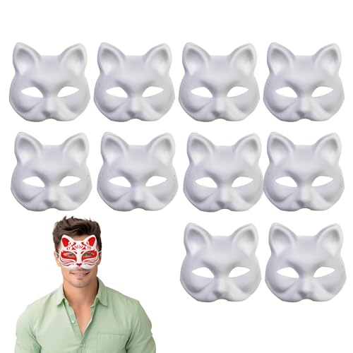Decorhome Bemalbare Katzenmaske, Weiße Katzenmaske - 10 Stück DIY Katzenform Blanko-Maske,Half Face Gefälligkeiten, Cosplay-Requisiten für Halloween-Kostüme, Katzenmaske für Tanzpartys von Decorhome