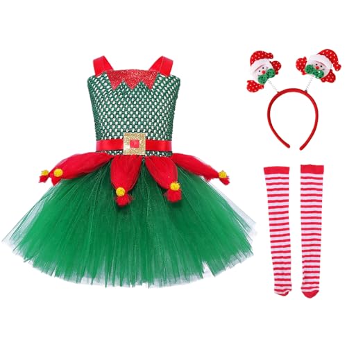 Decorhome Elfenkostüm für Kinder, Elfenkleid für Mädchen, Mädchen Weihnachtselfen-Kostüm, Weihnachtsmann-Kostüm, Kleid, Weihnachts-Pailletten-Kleidung, Stirnband von Decorhome