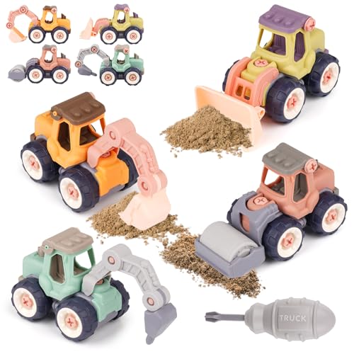 Deepton 4 in 1 Bagger Spielzeug ab 3 Jahre, Baustellenfahrzeuge Kinder, Sandspielzeug Bagger, DIY Montage LKW Spielzeug mit Schraubendreher, Sandkasten Spielzeug Lernspielzeug für Jungen ab 3 Jahre von Deepton