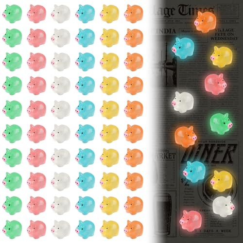 Deepton 60St Mini Leuchtende Schwein Harz mit Netztasche, Kleine Schwein, Mini Figuren, für Topfdekoration Garten Landschaft Parteien (6 Farben) von Deepton
