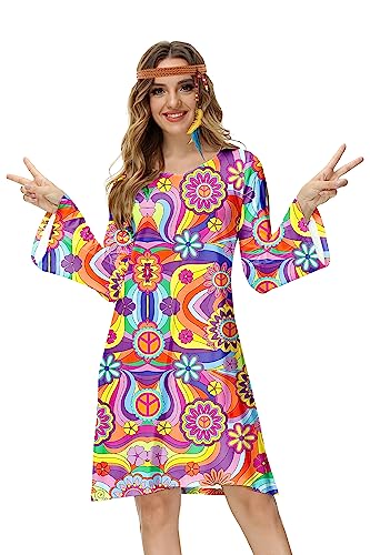 Deerose Damen 70er Jahre Hippie Kostüm Retro Go Go Groovy Kleid, Violett, L Deerose Damen 70er Jahre Hippie Kostüm Retro Go Go Groovy Kleid, Violett, L von Deerose