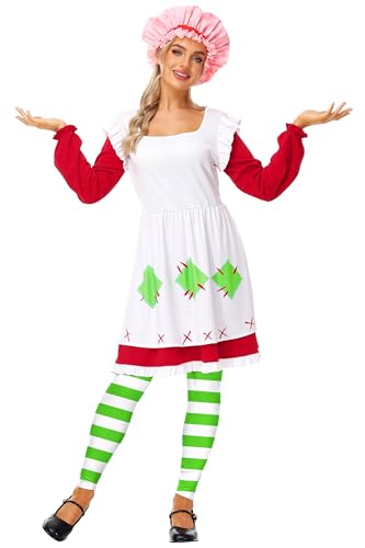 Deerose Halloween-Kostüm für Damen, Erdbeer-Kostüm, süßes Babydoll-Kleid mit Schürze, Hut, Rot/Ausflug, einfarbig (Getaway Solids), Large von Deerose