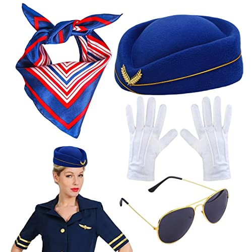 Deewar Stewardess-Kostüm, Stoff-Flugbegleiter-Hut-Schal-Kostüm, bequemes Flugbegleiter-Zubehör-Set, atmungsaktives Karriere-Anzieh-Cosplay, Handschuhe liefert Kleidungsset für Rollenspiele von Deewar