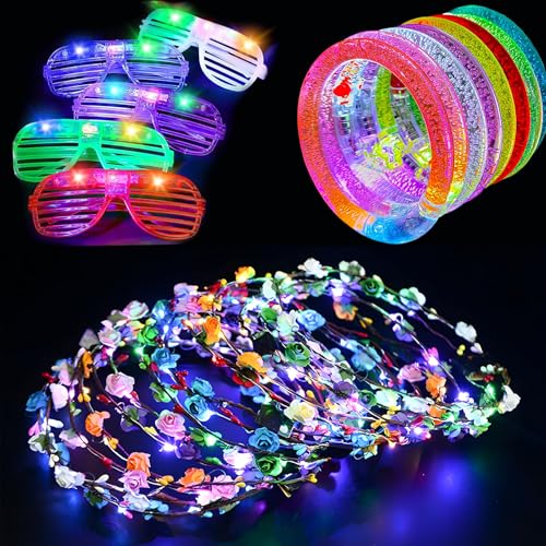 8 x LED-Blumenkronen/LED-Blumen-Haarbänder, 8 x blinkende Partybrillen/futuristische LED-Brille, 16-teiliges LED-Armband-Set, leuchtet im Dunkeln, LED-Armbänder für Weihnachten, Halloween, beleuchtete 8 x LED-Blumenkronen/LED-Blumen-Haarbänder, 8 x blinkende Partybrillen/futuristische LED-Brille, 16-teiliges LED-Armband-Set, leuchtet im Dunkeln, LED-Armbänder für Weihnachten, Halloween, beleuchtete von Defresit