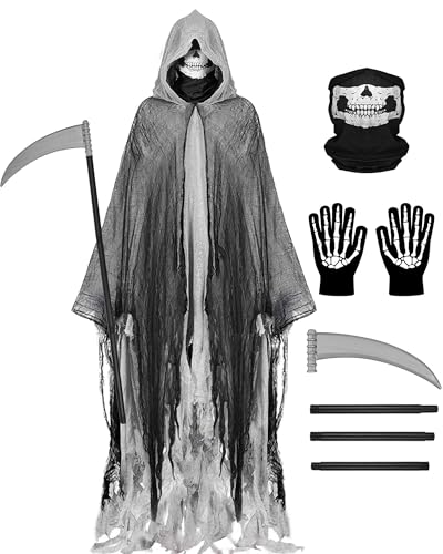 Sensenmann Kostüm Halloween Kapuzenumhang Cosplay Kostüme für Erwachsene Sensenmann Umhang mit Sense Totenkopf Maske Handschuhe, GRAU, M Sensenmann Kostüm Halloween Kapuzenumhang Cosplay Kostüme für Erwachsene Sensenmann Umhang mit Sense Totenkopf Maske Handschuhe, GRAU, M von Degeyoyo