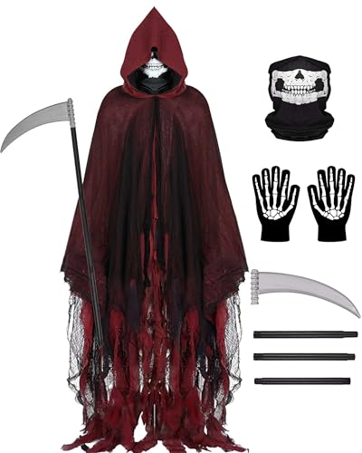 Sensenmann Kostüm Halloween Kapuzenumhang Cosplay Kostüme für Erwachsene Sensenmann Umhang mit Sense Totenkopf Maske Handschuhe, Rot/Ausflug, einfarbig (Getaway Solids), M von Degeyoyo