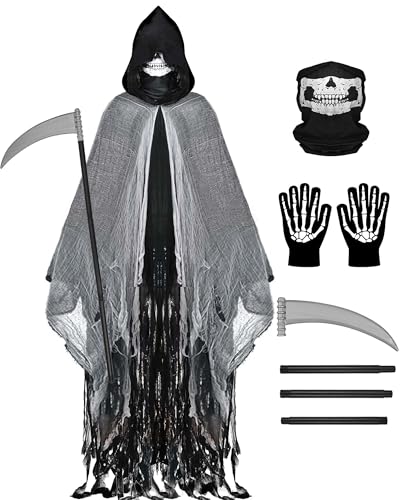 Sensenmann Kostüm Halloween Kapuzenumhang Cosplay Kostüme für Erwachsene Sensenmann Umhang mit Sense Totenkopf Maske Handschuhe, Schwarz, M Sensenmann Kostüm Halloween Kapuzenumhang Cosplay Kostüme für Erwachsene Sensenmann Umhang mit Sense Totenkopf Maske Handschuhe, Schwarz, M von Degeyoyo