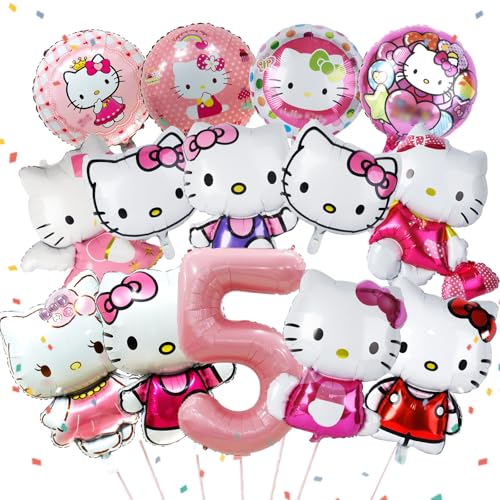 14 Stück Ki-tty Geburtstagsdeko Folienballon 5 Jahre, Cute Kindergeburtstag Deko, Cartoon Luftballons Geburtstag Dekoration Set für Kinder Mädchen Katzen kity Themenpartys Dekorationen von Dekewe