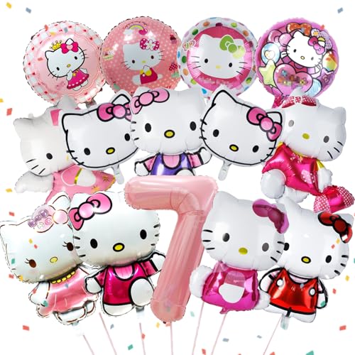 14 Stück Ki-tty Geburtstagsdeko Folienballon 7 Jahre, Cute Kindergeburtstag Deko, Cartoon Luftballons Geburtstag Dekoration Set für Kinder Mädchen Katzen kity Themenpartys Dekorationen von Dekewe