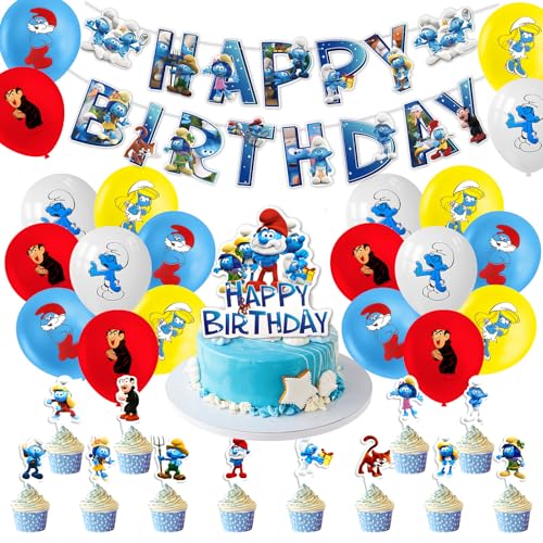 32 Stück Smurfs Geburtstagsdeko Set, Schlümpfe Kindergeburtstag Deko, Cartoon Luftballons Geburtstag Dekoration Set für Kinder Jungen Mädchen Schlümpfe Themenpartys Dekorationen von Dekewe