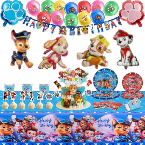 135pcs Partygeschirr Set, Dog Geburtstag Deko Kindergeburtstag Deko Enthält Teller Becher Servietten Tischdecke Cake Topper Luftballons Banner ,Party Geschirrset für 10 Personen von Dekewe