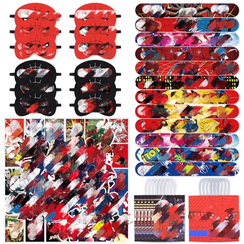 Dekewe 86 Stück Spider Mitgebsel Kindergeburtstag, Spider Mitgebsel Geburtstag mit 12Stück Slapbands, 50Stück Aufkleber, 12Stück Maske und 12Stück Partytüten für Geburtstag Mitgebsel Kinder von Dekewe