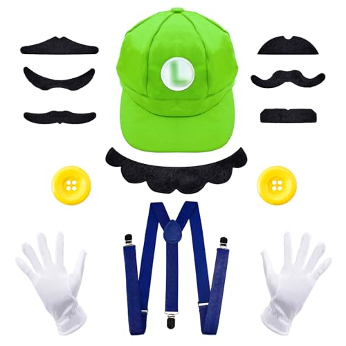 Grün Mütze, Luigi Kostüm mit Mütze, Gurt Weißen Handschuhe und Bart, KarnevalCosplay Kostüm für Kinder Erwachsene Damen von Dekewe