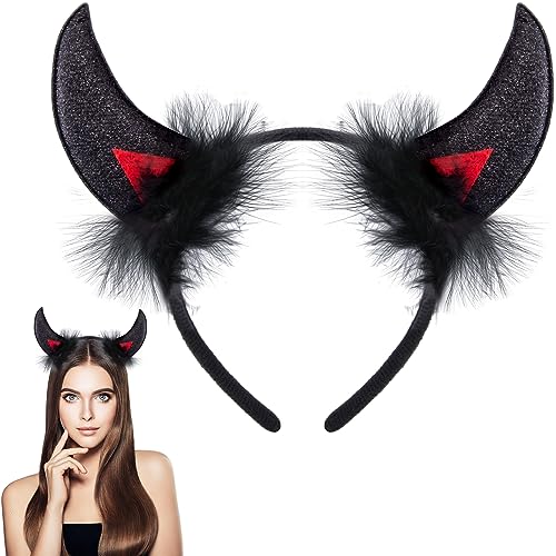 Dekewe Karneval Teufel Hörner Haarreifen Schwarz Teufelshörner Haarreif,Haarband Halloween Haarreif, Teufel Haarreif Kinder, Kopfschmuck mit Ohren für Halloween, Karneval Kopfschmuck Cosplay von Dekewe