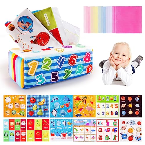 Dekewe Baby Spielzeug 6 Monate, Montessori Spielzeug Baby Tissue Box Sensorik Spielzeug Baby mit Knisterpapier und Bunte Seidenschals, Taschentuchbox Baby Spielzeug ab 6 Monate, Grafiken von Dekewe