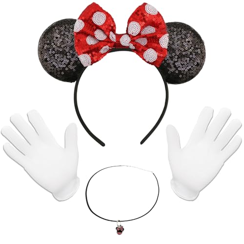 Dekewe Mouse Ears Haarreifen, Kostüm Damen mit Glitzer Maus Ohren Schleife, Handschuhe, Enamel Charms Halskette, für Cosplay-Kostüme, Verkleidungszubehör Partys, Festivals, Karneval Dekewe Mouse Ears Haarreifen, Kostüm Damen mit Glitzer Maus Ohren Schleife, Handschuhe, Enamel Charms Halskette, für Cosplay-Kostüme, Verkleidungszubehör Partys, Festivals, Karneval von Dekewe