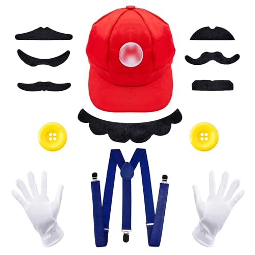Rot Mütze, Mari Kostüm mit Mütze, Gurt Weißen Handschuhe und Bart, KarnevalCosplay Kostüm für Kinder Erwachsene Damen von Dekewe