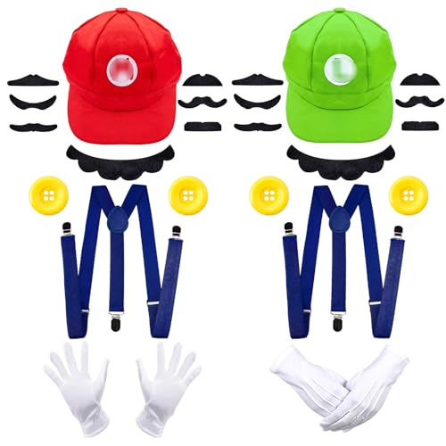 Dekewe Rot und Grün Mütze, Mari/Luigi Kostüm mit Mütze, Gurt Weißen Handschuhe und Bart, KarnevalCosplay Kostüm für Kinder Erwachsene Damen Dekewe Rot und Grün Mütze, Mari/Luigi Kostüm mit Mütze, Gurt Weißen Handschuhe und Bart, KarnevalCosplay Kostüm für Kinder Erwachsene Damen von Dekewe
