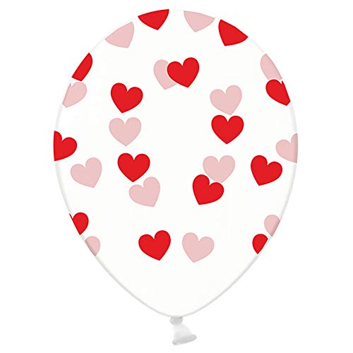 6 Stück Strong Luftballons in Transparent mit Rot Herzen 30cm Partyzubehör von DekoHaus