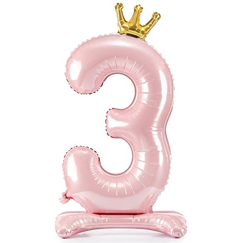 DekoHaus Folienballon Zahl 3 Rosa mit Krone 103 cm – Stehender Ballon metallisch, nur mit Luft befüllbar, Geburtstagsdeko für Mädchen, Kinderparty, Jubiläum & Prinzessin Party von DekoHaus