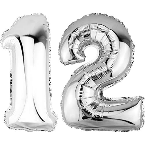DekoRex Folienballon Silber 100cm Geburtstag Jubiläum Hochzeit Deko (Zahl: 12) von DekoRex