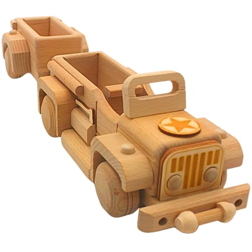 Nachhaltiger Holz - Geländewagen, Holzauto als Armee-Geländefahrzeug, Dekoauto, Offroad Holzauto, Militär - Fahrzeug als Modellauto aus Holz mit Hänger L/B/H 42 x 9 x 10 cm. von Dekohelden24