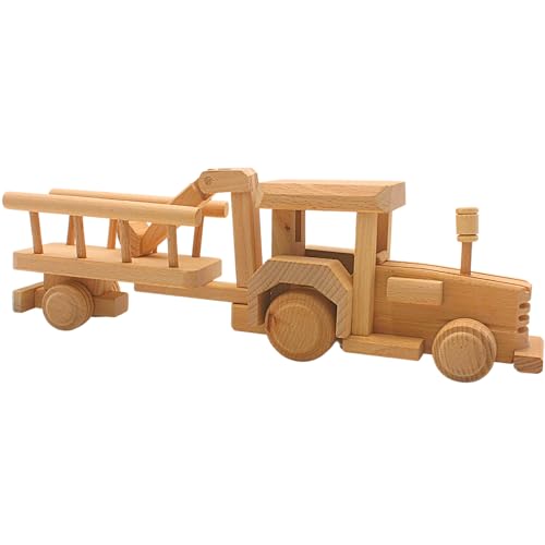 Nachhaltiger Holz - Traktor, Dekotraktor, Dekoauto, Landwirtschaftstraktor, Trecker mit Hänger und Greifarm als Modellauto aus Holz, L/B/H 34 x 5 x 10 cm. von Dekohelden24