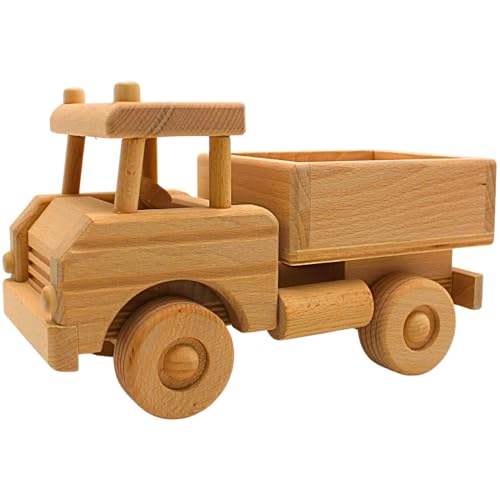 Nachhaltiger LKW als Modellauto, Dekoauto als Kipper, LKW mit Hänger, Baufahrzeug aus Holz, Holzkipper mit großer Ladefläche, L/B/H 25 x 12 x 15 cm. von Dekohelden24