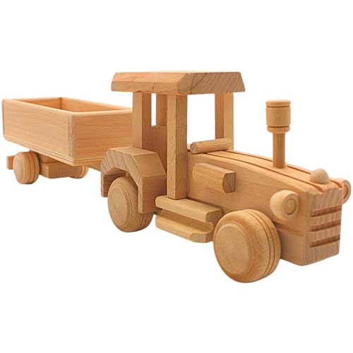 Nachhaltiger großer Holztraktor, Holzauto als Traktor, Dekoauto, Holztrecker, Trecker mit Hänger als Modellauto aus Holz, L/B/H 40 x 7 x 12 cm. von Dekohelden24