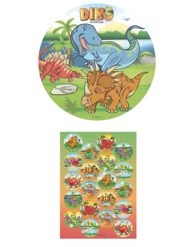 Dekozauber24 Essbarer Tortenaufleger Dino 20cm + 20x Muffinaufleger je 3,4cm, vegetarisch, zuckerfrei, essbares Tortendeko Set für den Kindergeburtstag mit Dino Motto, Muffin Deko essbar von Dekozauber24