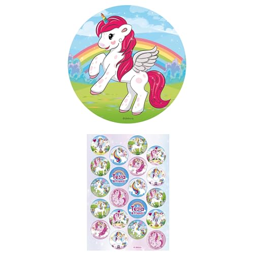 Dekozauber24 Einhorn Essbarer Tortenaufleger 20cm + 20x Muffinaufleger, vegetarisch, glutenfrei, 2er Set für Torte, Muffins und Cupcakes, essbare Einhorn Tortendeko für Mädchen Kindergeburtstage von Dekozauber24