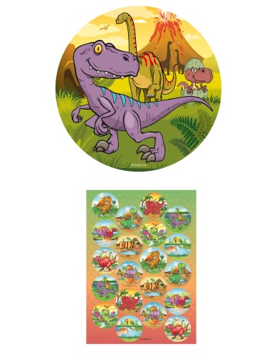Dekozauber24 Essbarer Tortenaufleger Dinosaurier 20cm + 20x Muffinaufleger je 3,4cm, vegetarisch, zuckerfrei, essbares Tortendeko Set für den Kindergeburtstag mit Dino Motto, Muffin Deko essbar von Dekozauber24