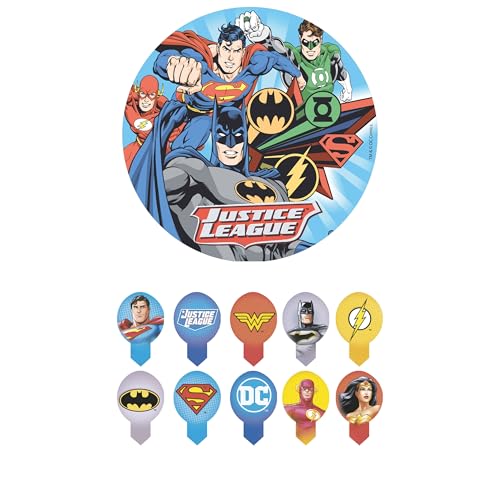 Dekozauber24 Justice League Tortenaufleger Set mit 20x essbaren Muffinsteckern, vegetarisch, zuckerfrei, glutenfrei mit den Superhelden Batman, Superman und weitere von Dekozauber24