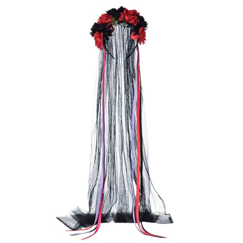 Delicate Dew Day of the Dead Blumen-Haarreif, Dia de Los Muertos, Kostüm, Halloween, Kopfschmuck (rot-schwarzer Schleier) von Delicate Dew