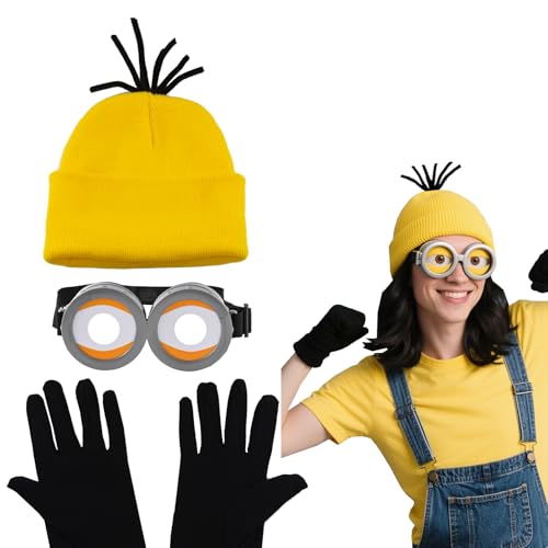 Delicate Dew Halloween-Kostüm-Zubehör-Set, gelbe Strickmütze mit Brille und schwarzen Handschuhen, 3-teilig, Grau/Orange, Einheitsgröße von Delicate Dew