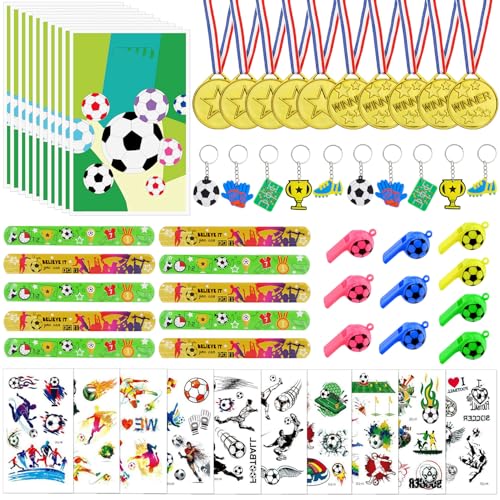 Delsen 60 Stück Fußball Party Mitgebsel Kinder,Mitgebsel Kindergeburtstag Fussball, Geschenk Taschen,Schnapparmband,Pfeifen,Tattoo,Medaille,Fussball Give Aways Kindergeburtstag für Junge Mädchen von Delsen