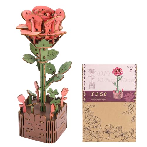 Delsen 3D Puzzle Blumen, DIY Set Wooden Flowers Neuartiges Kreativ-Set, Puzzle Vase Einfache Montage, Als Möbeldekoration Spielzeuggeschenk eine Gute Wahl (Rosen) von Delsen