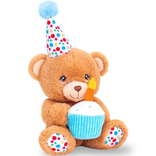 Deluxe Paws Teddybär für besondere Anlässe, Happy Birthday, 100% recycelt, ca. 18 cm groß, Bär hält Geburtstagskuchen und trägt einen Geburtstagshut von Deluxe Paws