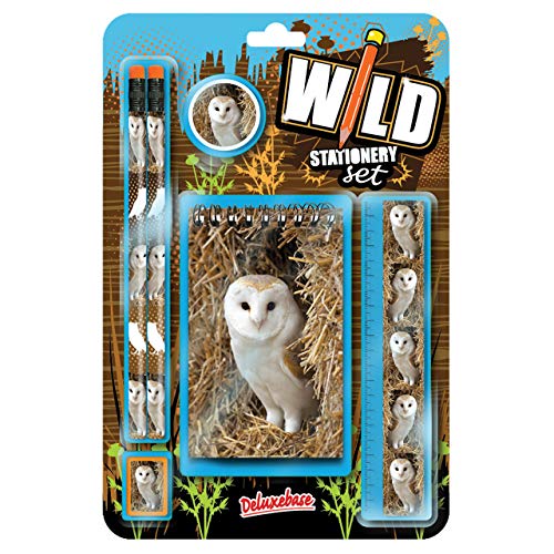 Wild Stationery Set - Eule von Deluxebase. Diese niedlichen Stationären Schulsets für Mädchen und Jungen enthalten 2 Bleistifte, Radiergummi, Spitzer, Lineal und Notizbuch von Deluxebase