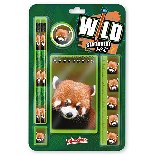 Deluxebase Wild Stationery Set - roter Panda niedlichen Stationären Schulsets für Mädchen und Jungen enthalten 2 Bleistifte, Radiergummi, Spitzer, Lineal und Notizbuch von Deluxebase